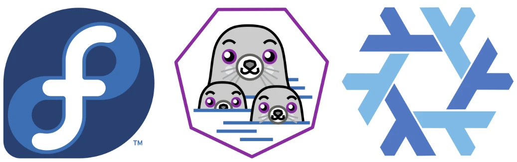 Logos of Fedora, Podman and NixOS