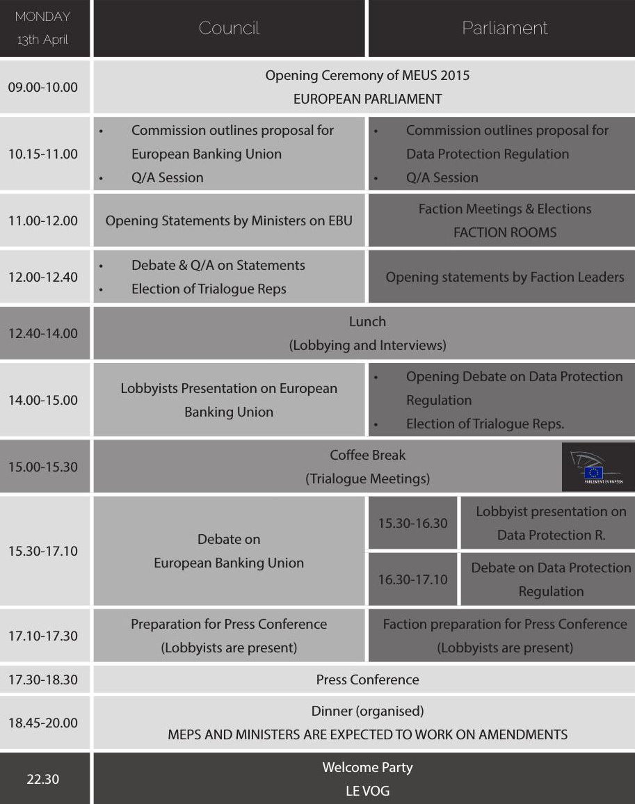 MEU Strasbourg 2015 Schedule for Monday.