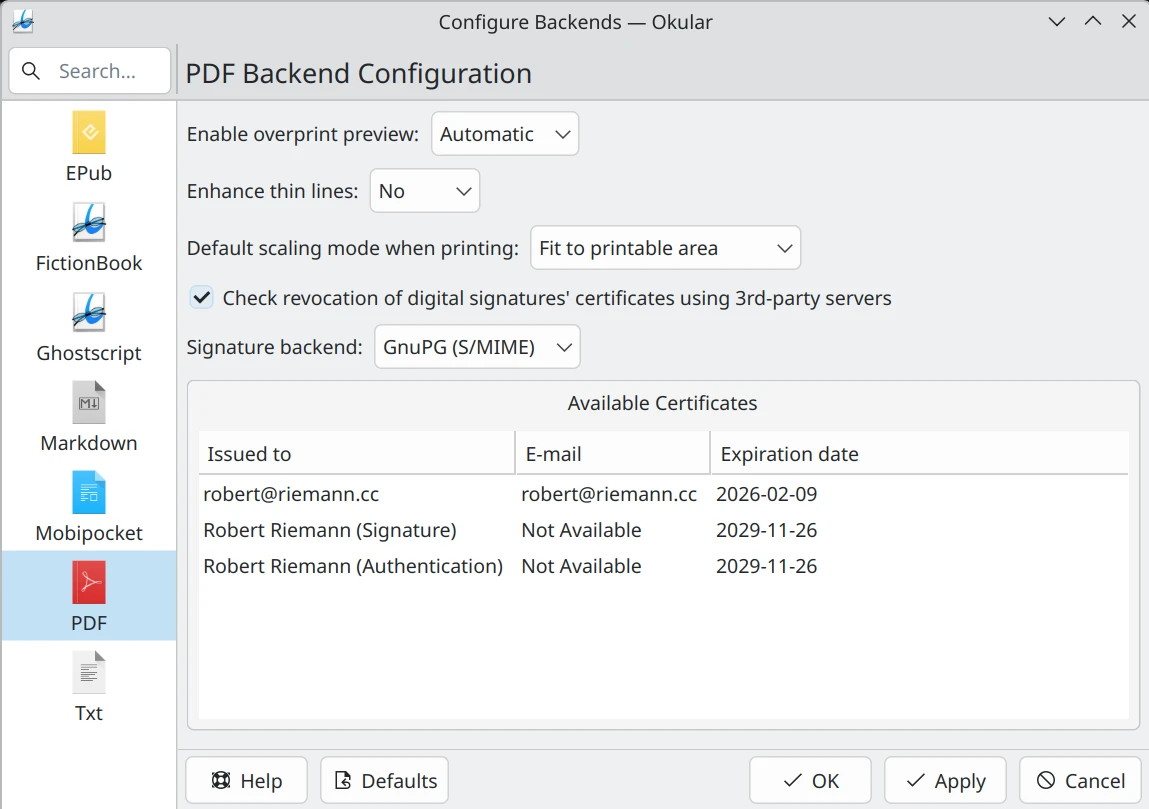 screenshot of Okular backends config dialogue